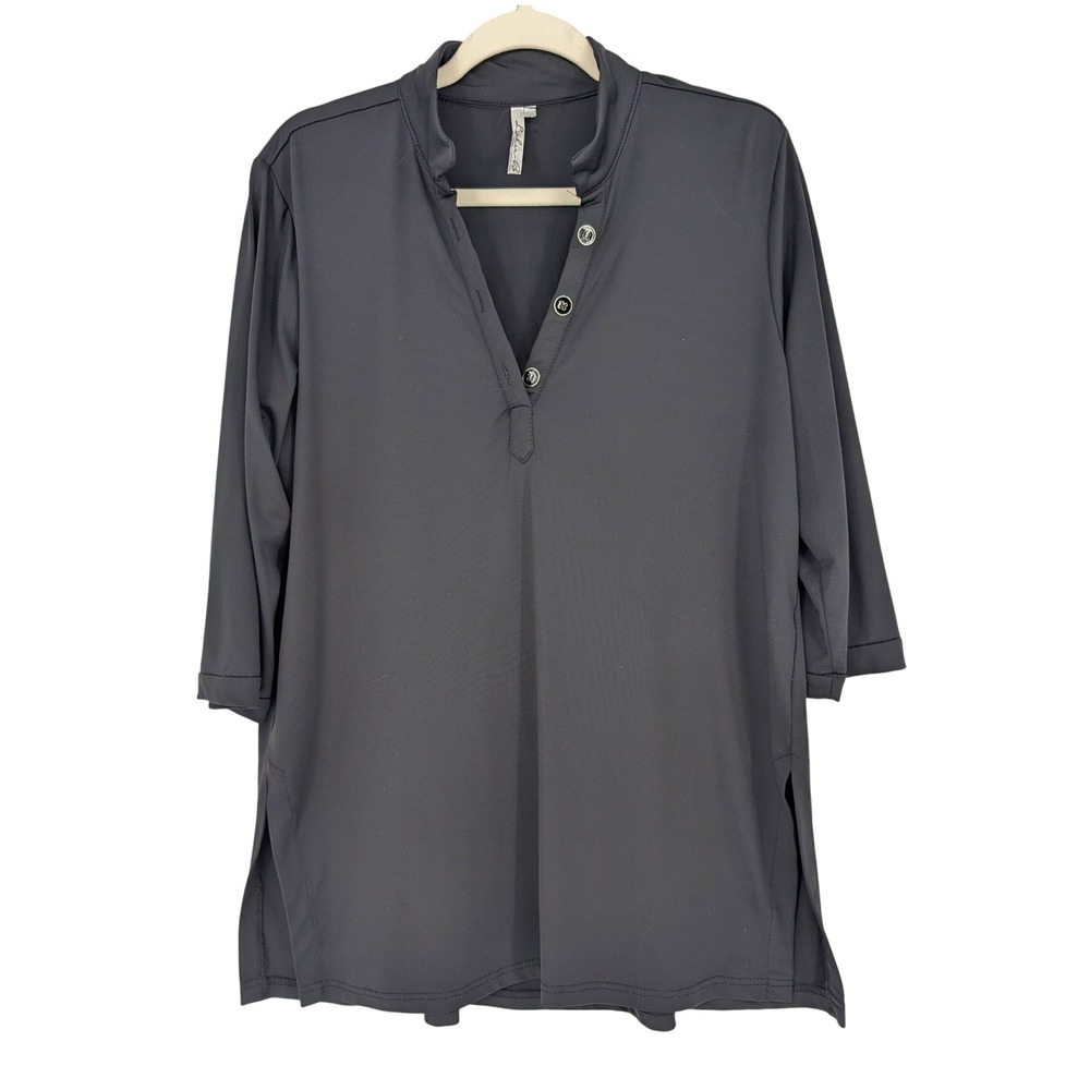 Lulu-B Button V Neck Tunic Top L Black 3/4 Sleeve Coastal Minimalist Stretch UPF